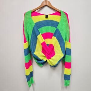 Vintage Colorblock Chunky Knit Pullover Sweater Neon Rainbow Striped XL